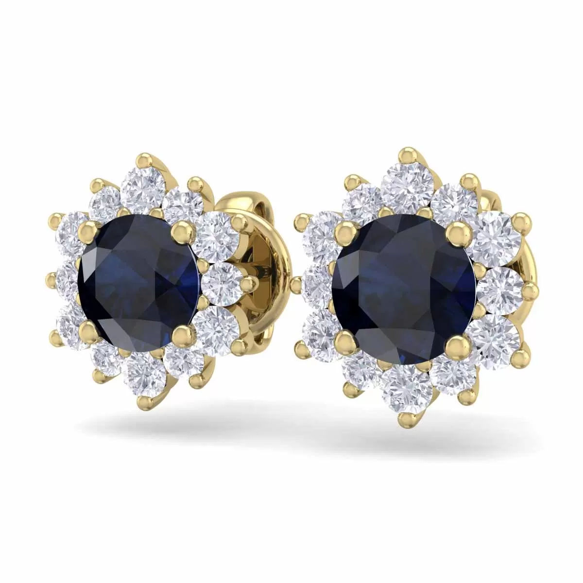 1 1/2 Carat Round Shape Flower Sapphire And Diamond Halo Stud Earrings In 14 Karat Yellow Gold