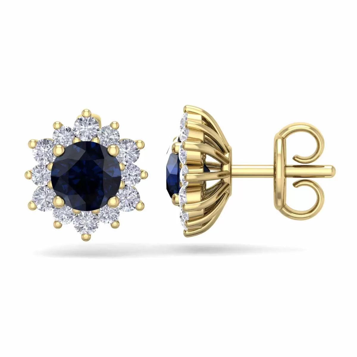 1 1/2 Carat Round Shape Flower Sapphire And Diamond Halo Stud Earrings In 14 Karat Yellow Gold