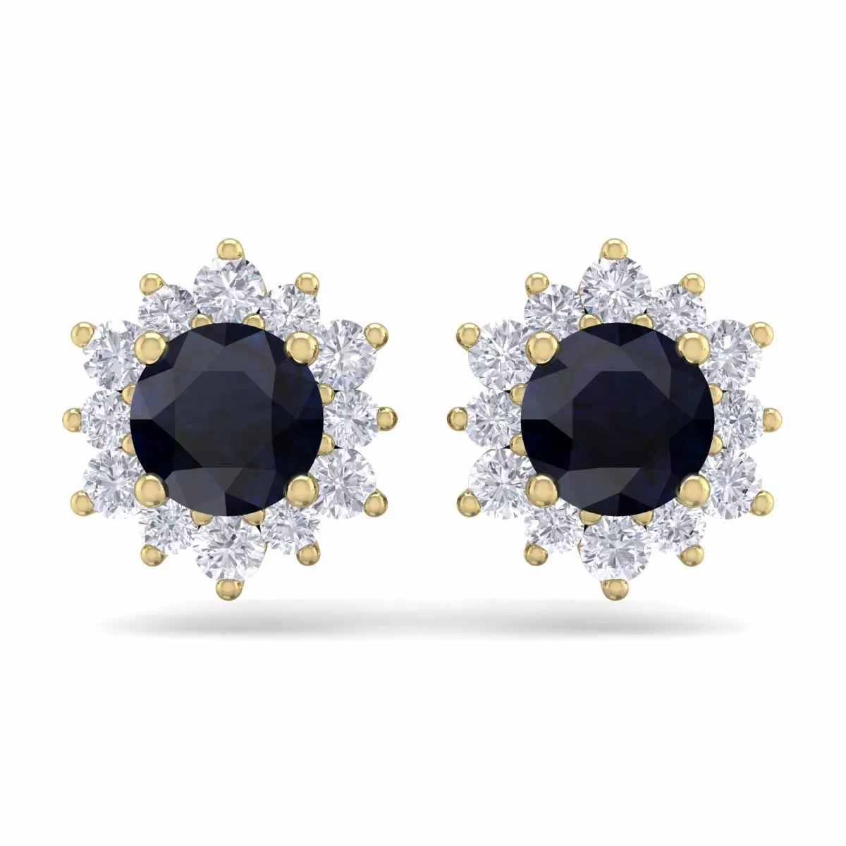 1 1/2 Carat Round Shape Flower Sapphire And Diamond Halo Stud Earrings In 14 Karat Yellow Gold