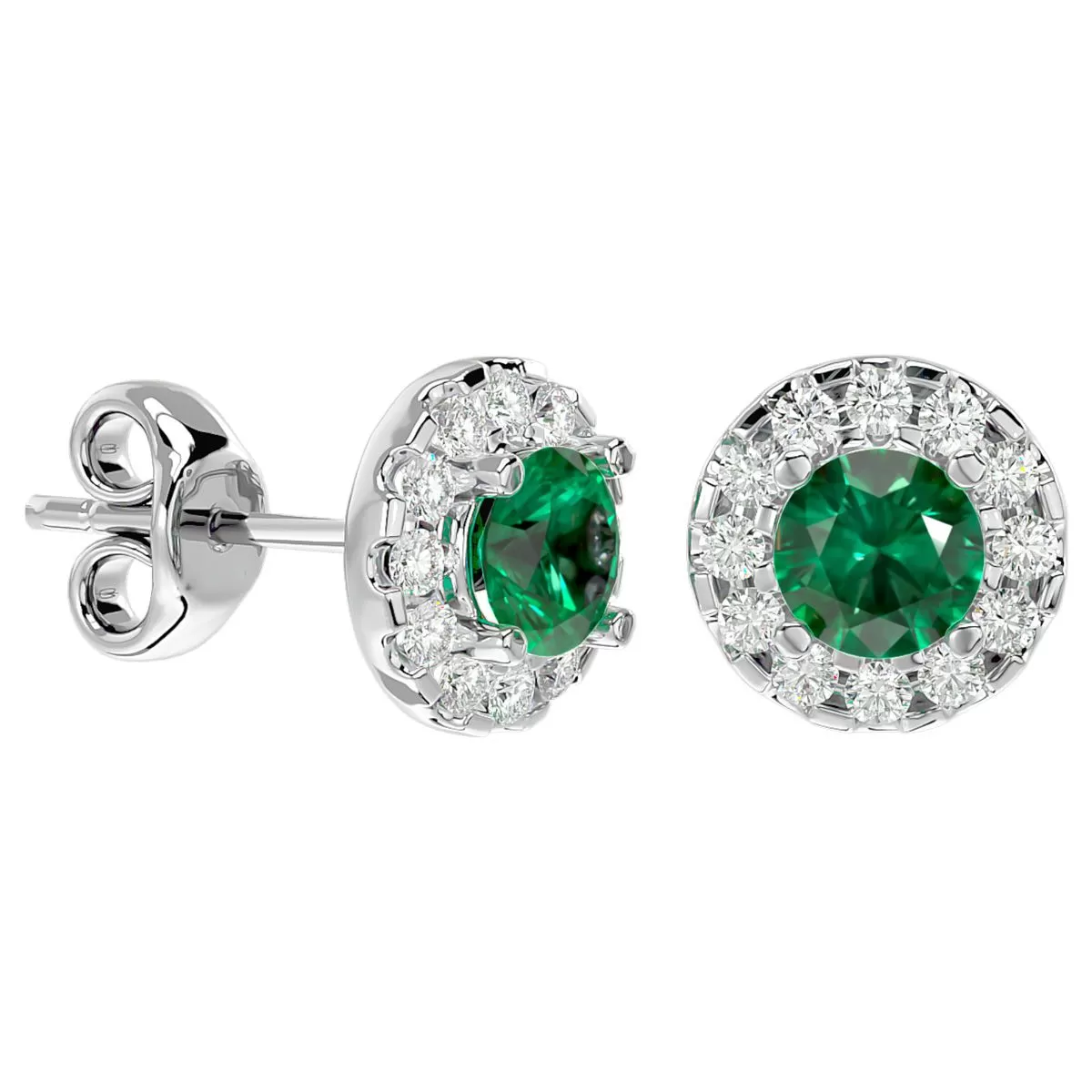 1 Carat Emerald And Halo Diamond Stud Earrings In 14 Karat White Gold