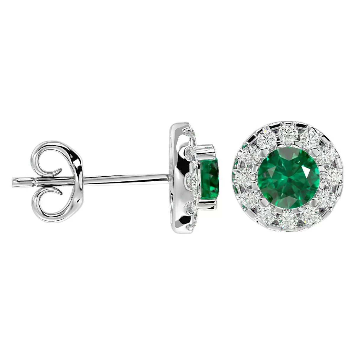 1 Carat Emerald And Halo Diamond Stud Earrings In 14 Karat White Gold