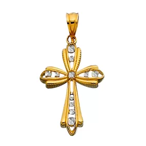 14k 2 Tone Gold Diamond Cut And Rigid Finish Cross Pendant