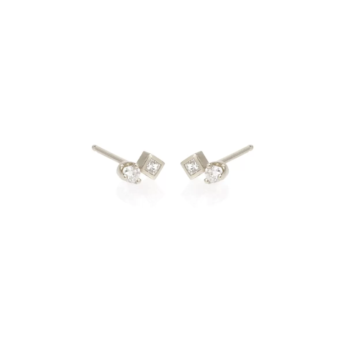 14k Mixed Round & Princess Diamond Studs