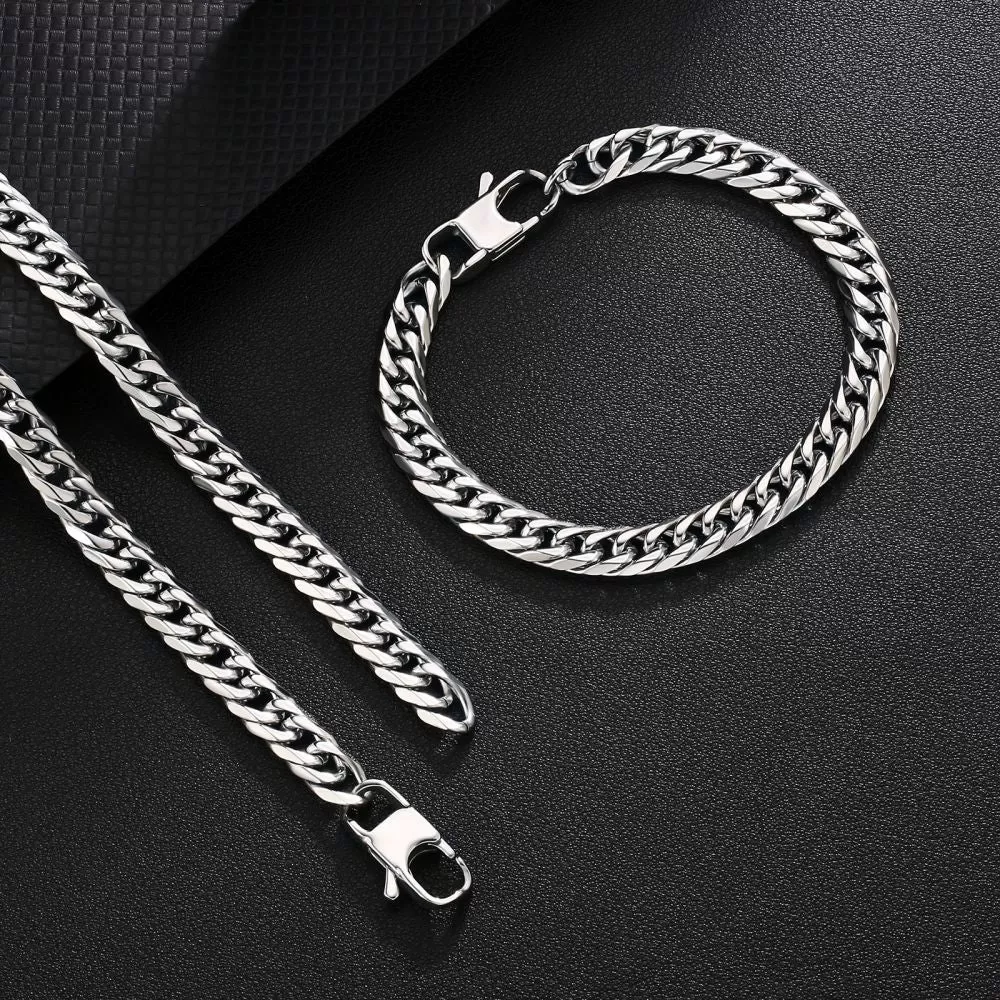 6-Sided | 8mm Miami Cuban Link Chain and Bracelet Set in White Gold KRKC