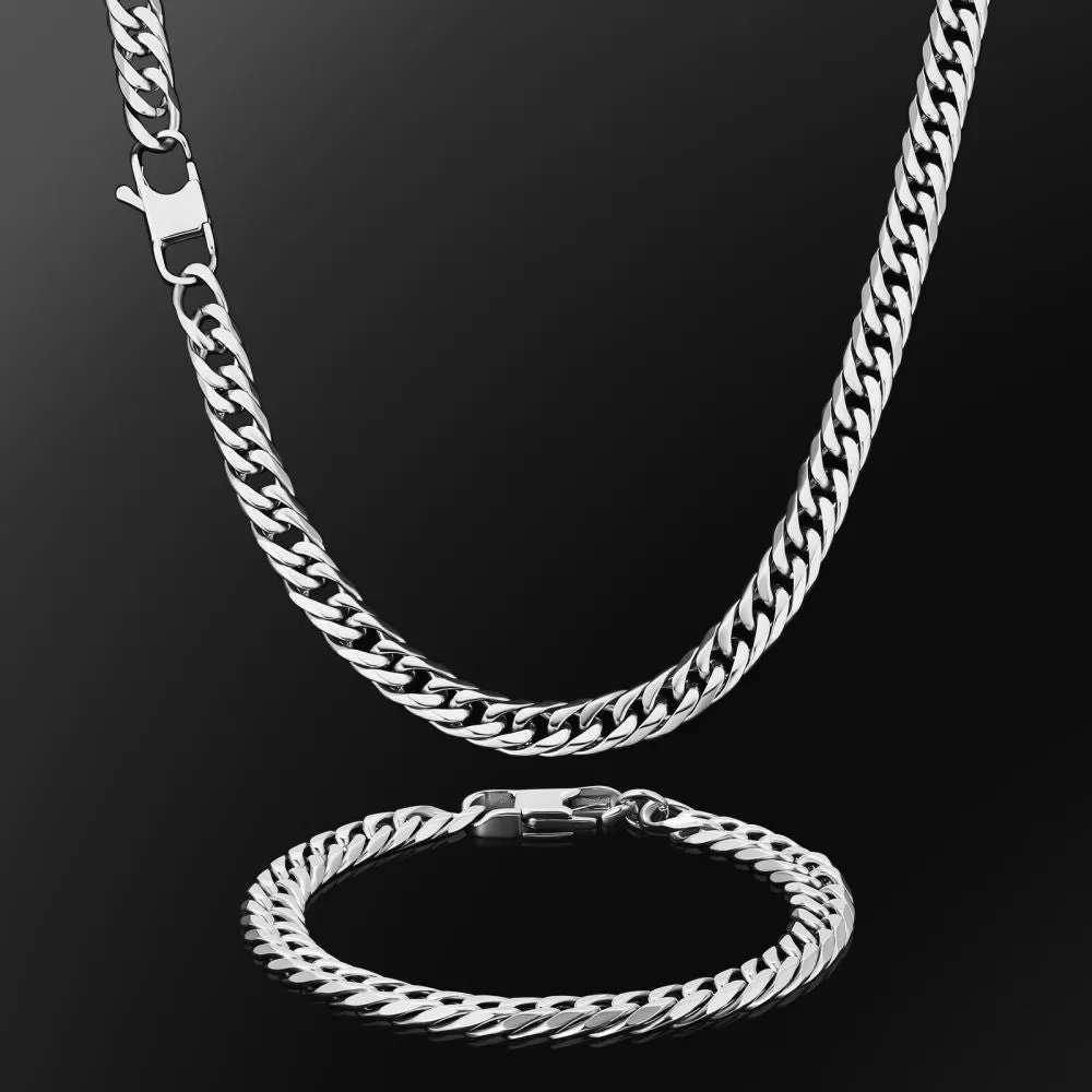 6-Sided | 8mm Miami Cuban Link Chain and Bracelet Set in White Gold KRKC