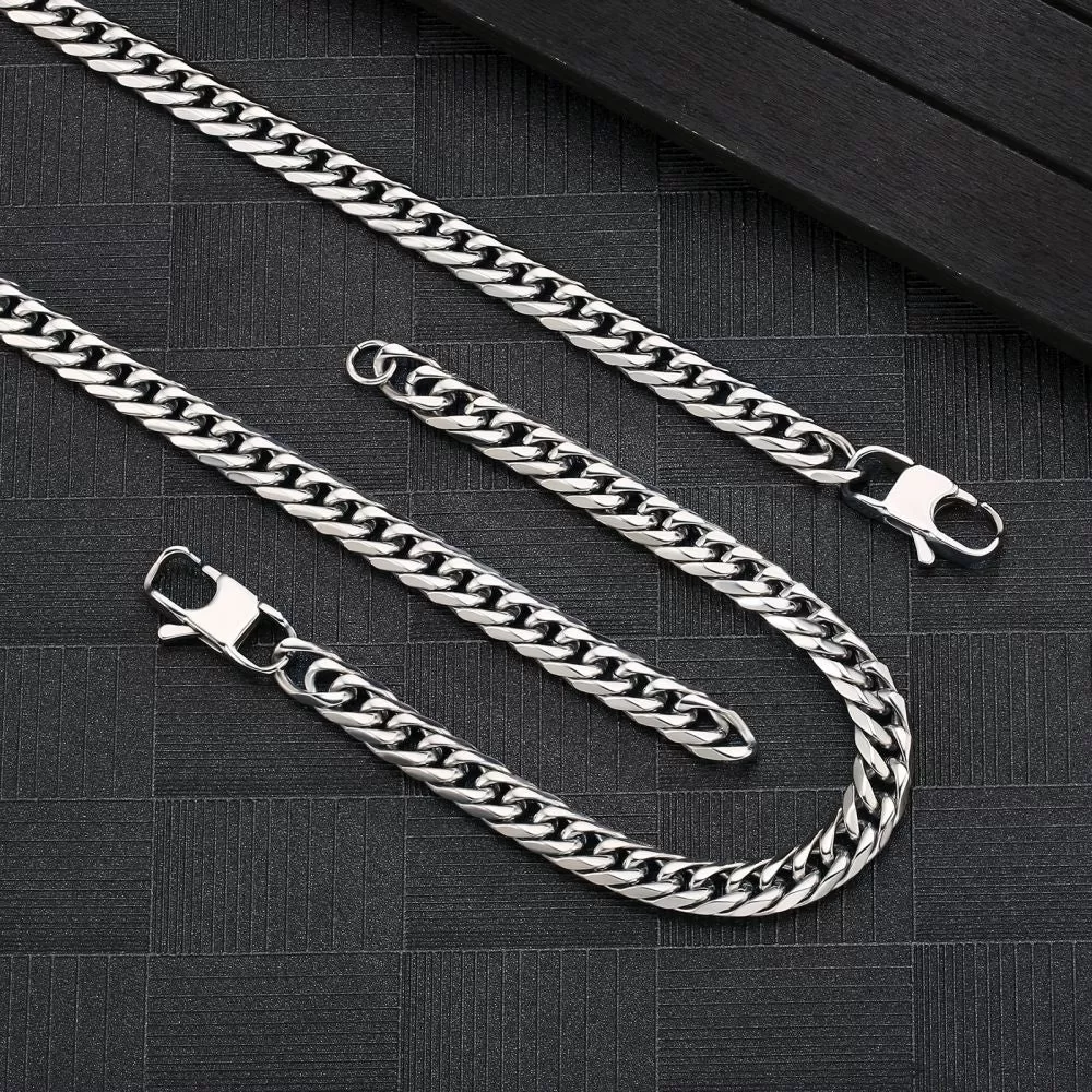 6-Sided | 8mm Miami Cuban Link Chain and Bracelet Set in White Gold KRKC