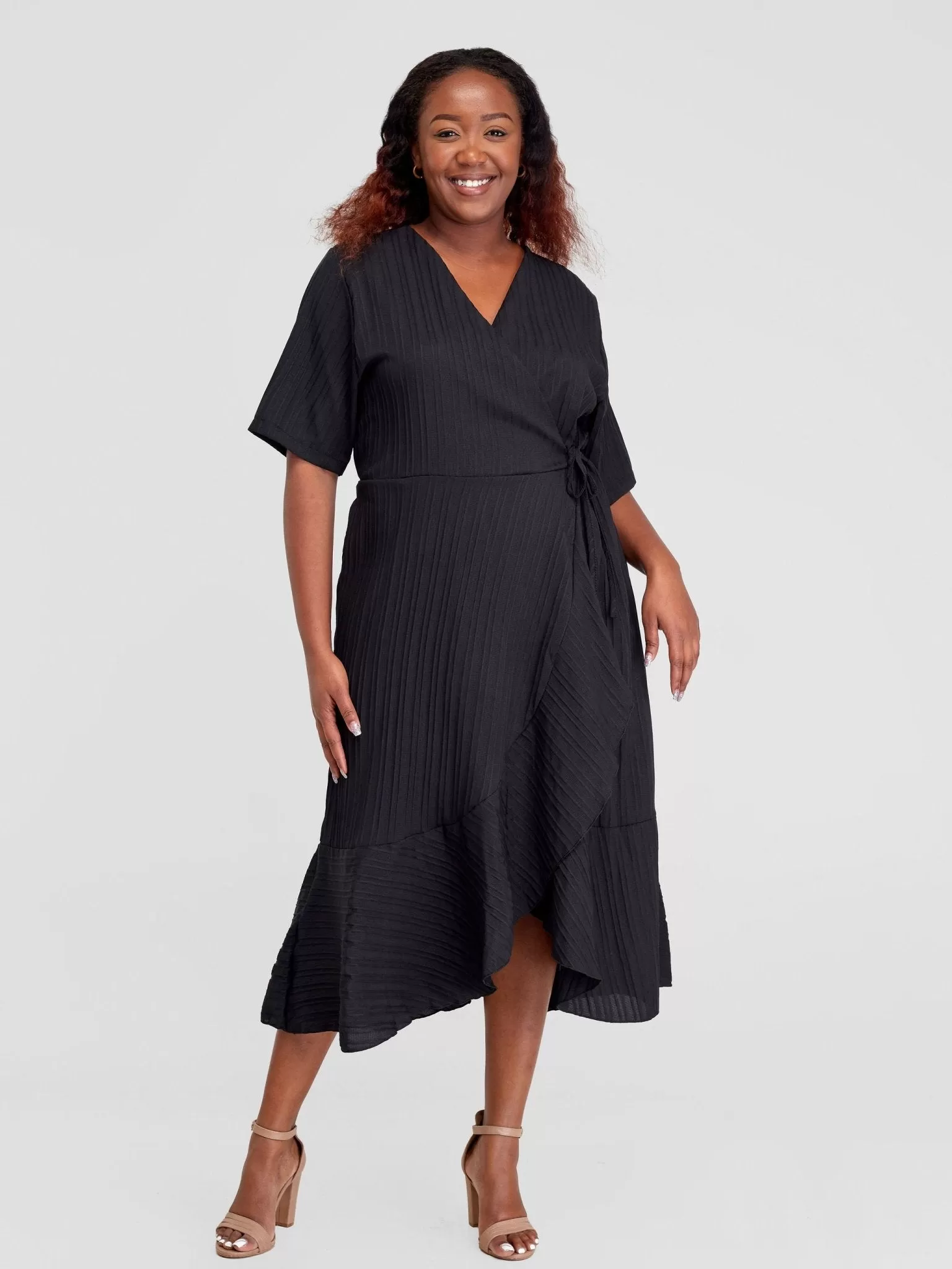 Alara Ruffle Trim Tie Side Wrap Dress - Black