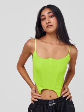 Anika Seam Detailed Corset Crop Top With Asymmetrical Hem& Thin Straps - Neon Green