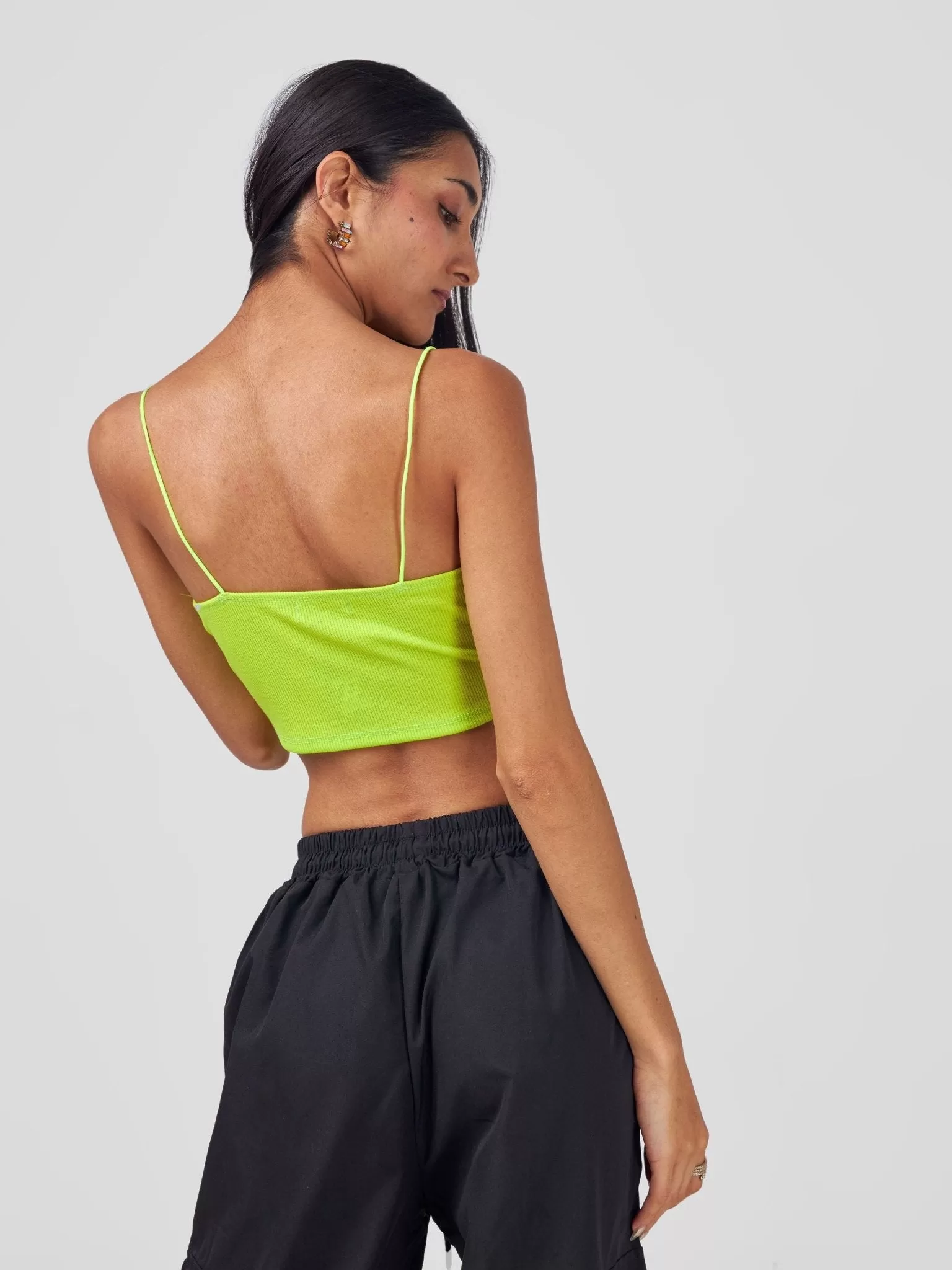 Anika Seam Detailed Corset Crop Top With Asymmetrical Hem& Thin Straps - Neon Green