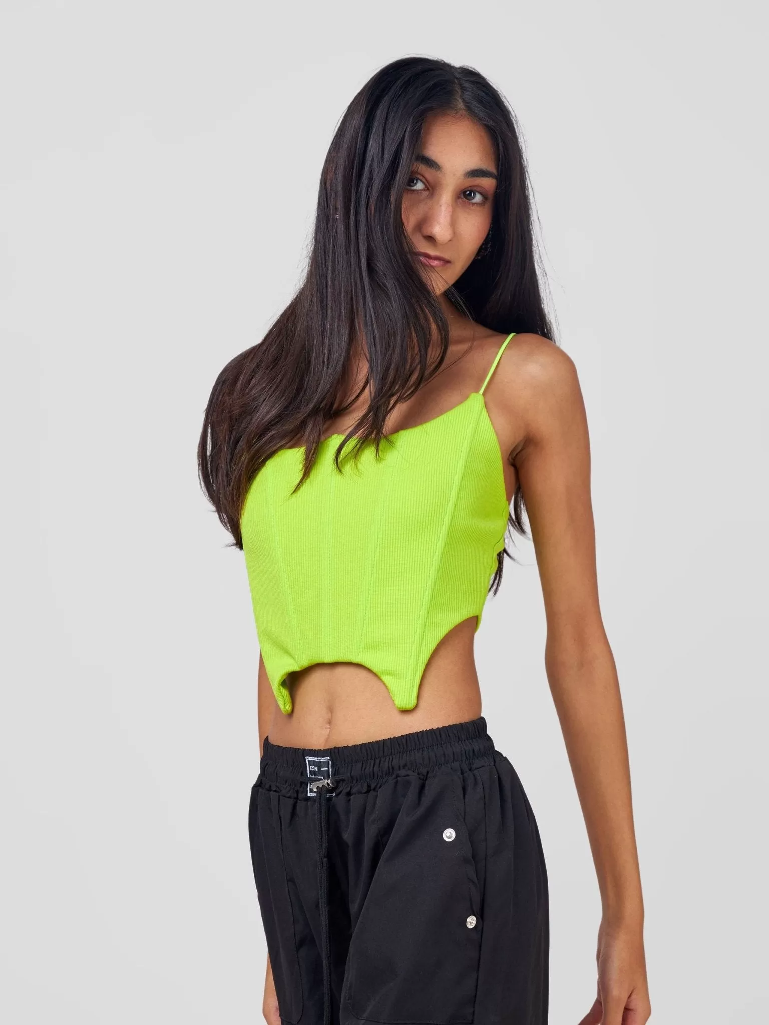 Anika Seam Detailed Corset Crop Top With Asymmetrical Hem& Thin Straps - Neon Green