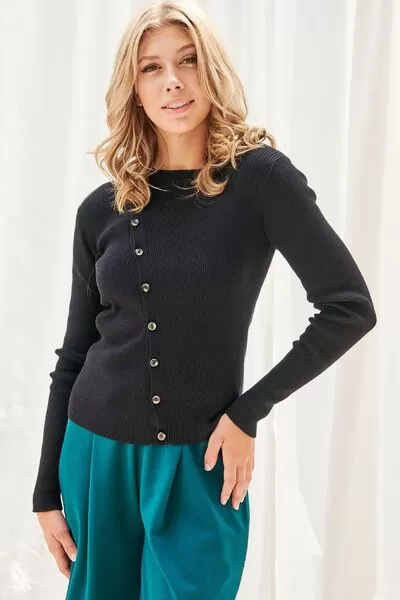 Black Button Up Long Sleeve Knit Top