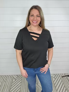 BLACK CROSS NECKLINE FRENCH TERRY TOP