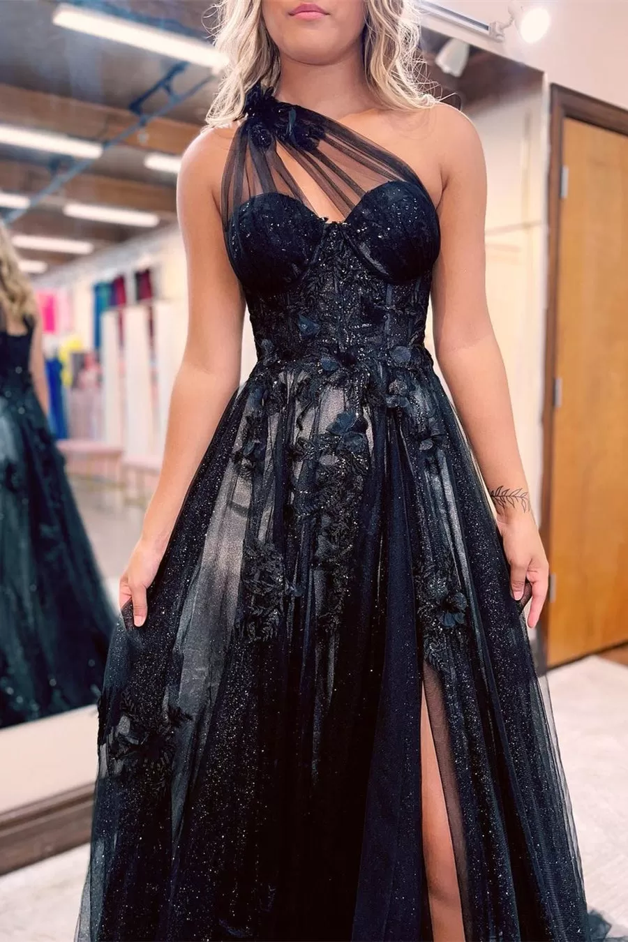 Black Long A-line One Shoulder Tulle Prom Dress with Slit