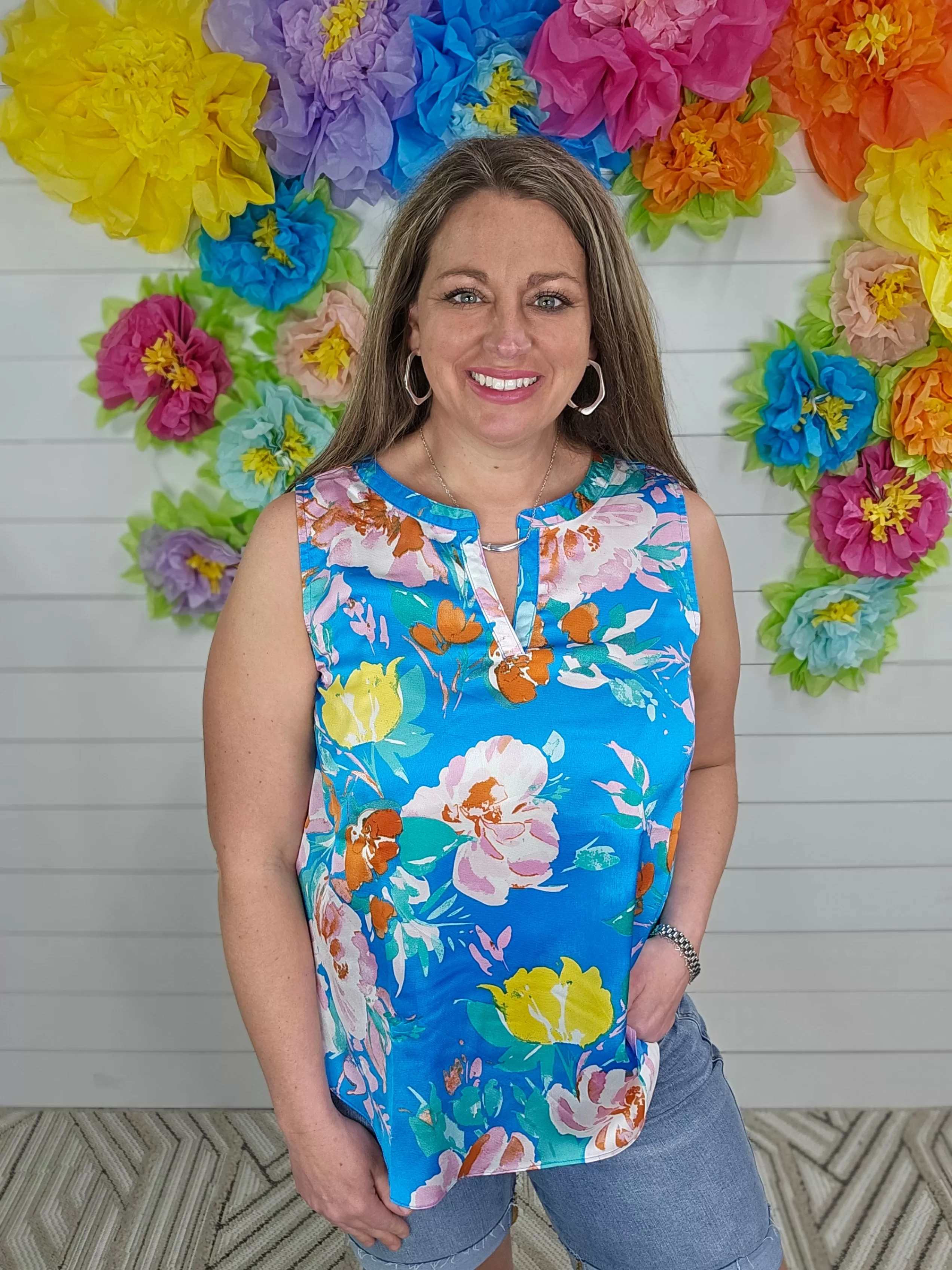 BLUE FLORAL V NECK TANK TOP