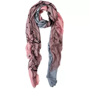 Blue Pacific Tree Print Cashmere and Silk Scarf in Rose Pink and Silver Gray