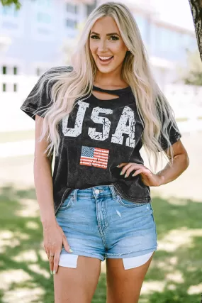 Celebrate America this Fourth of July with our USA Cutout Round Neck Short Sleeve T-Shirt, perfect for showing off your independence day spirit in style.