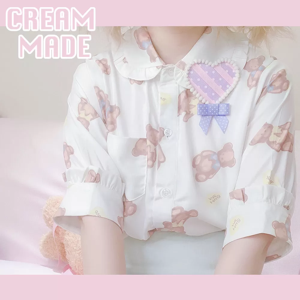 Cream made chocolate bear doll collar short sleeve shirt