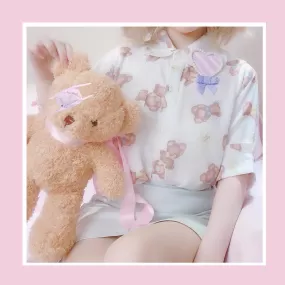 Cream made chocolate bear doll collar short sleeve shirt