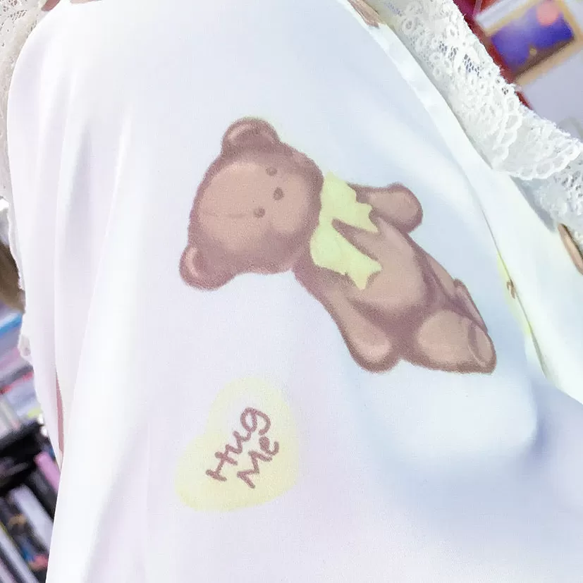 Cream made chocolate bear doll collar short sleeve shirt