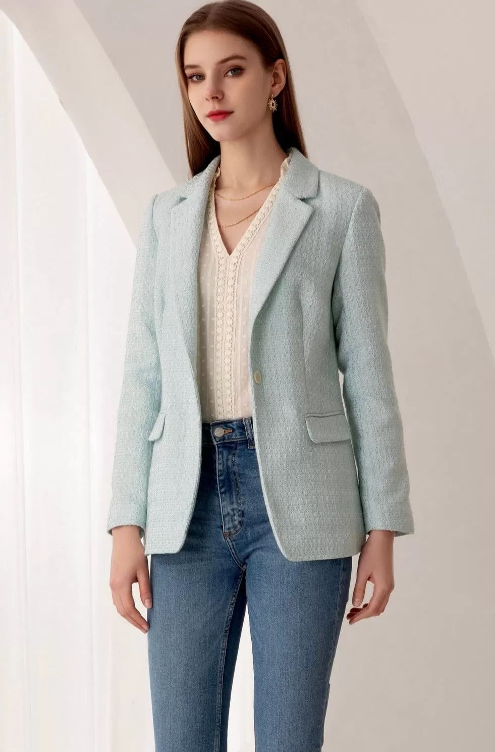 Diana Double-Breasted Tweed Blazer - Baby Blue