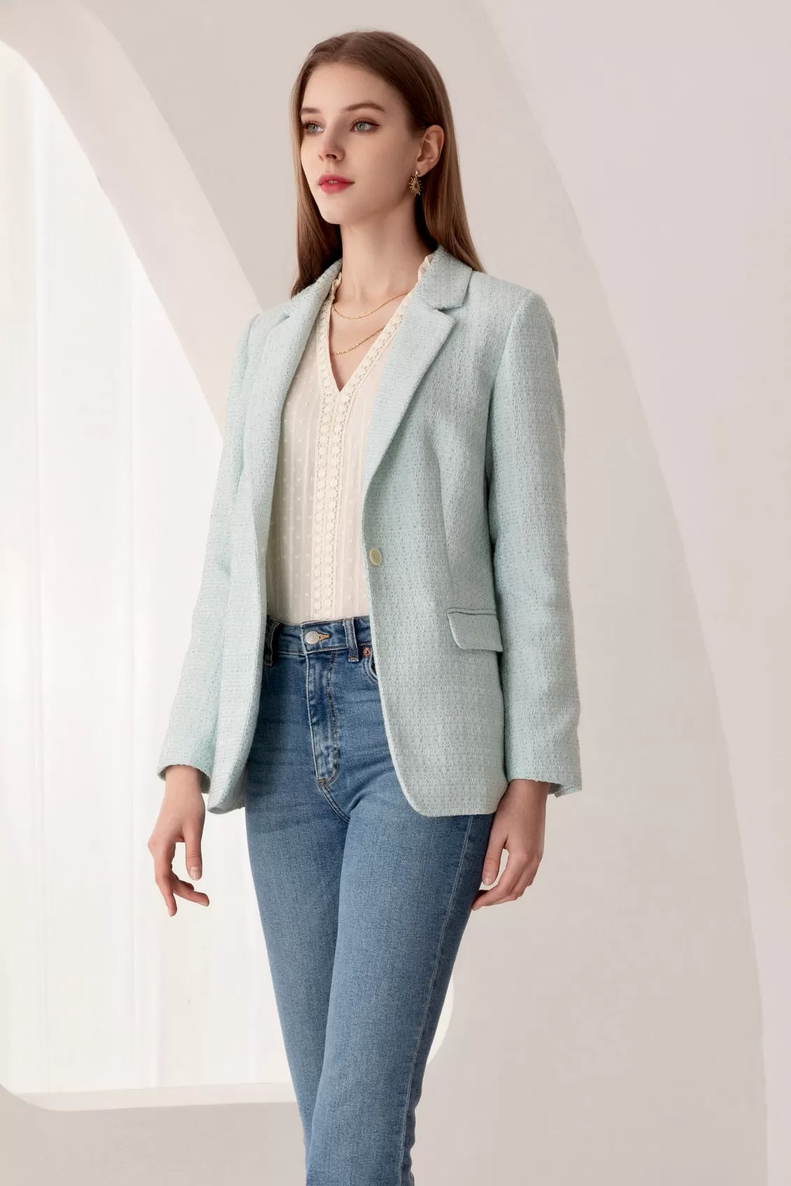 Diana Double-Breasted Tweed Blazer - Baby Blue