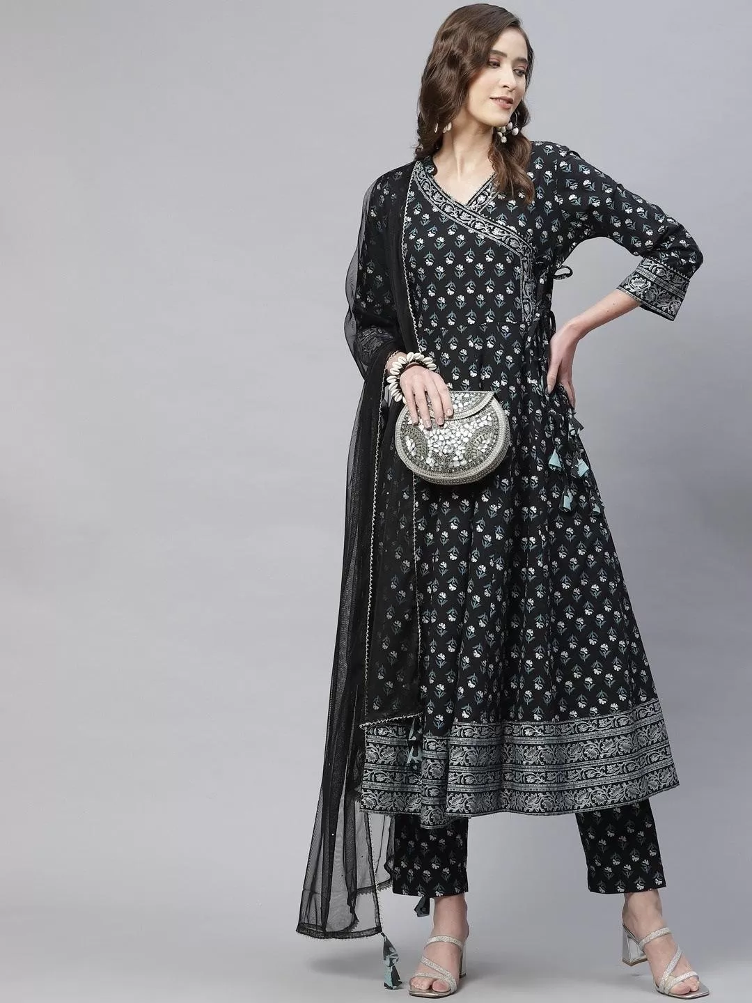 Divena Black Anarkali Kurta Pant set with Net Dupatta