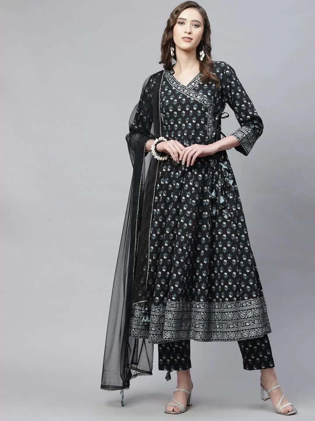 Divena Black Anarkali Kurta Pant set with Net Dupatta