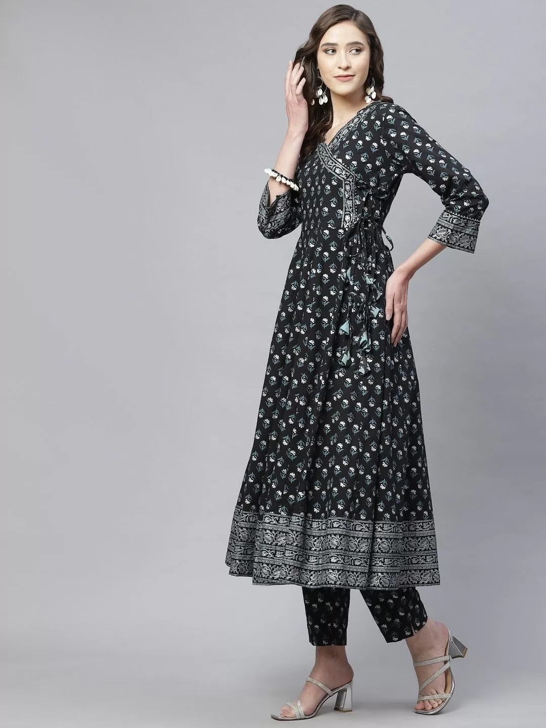 Divena Black Anarkali Kurta Pant set with Net Dupatta