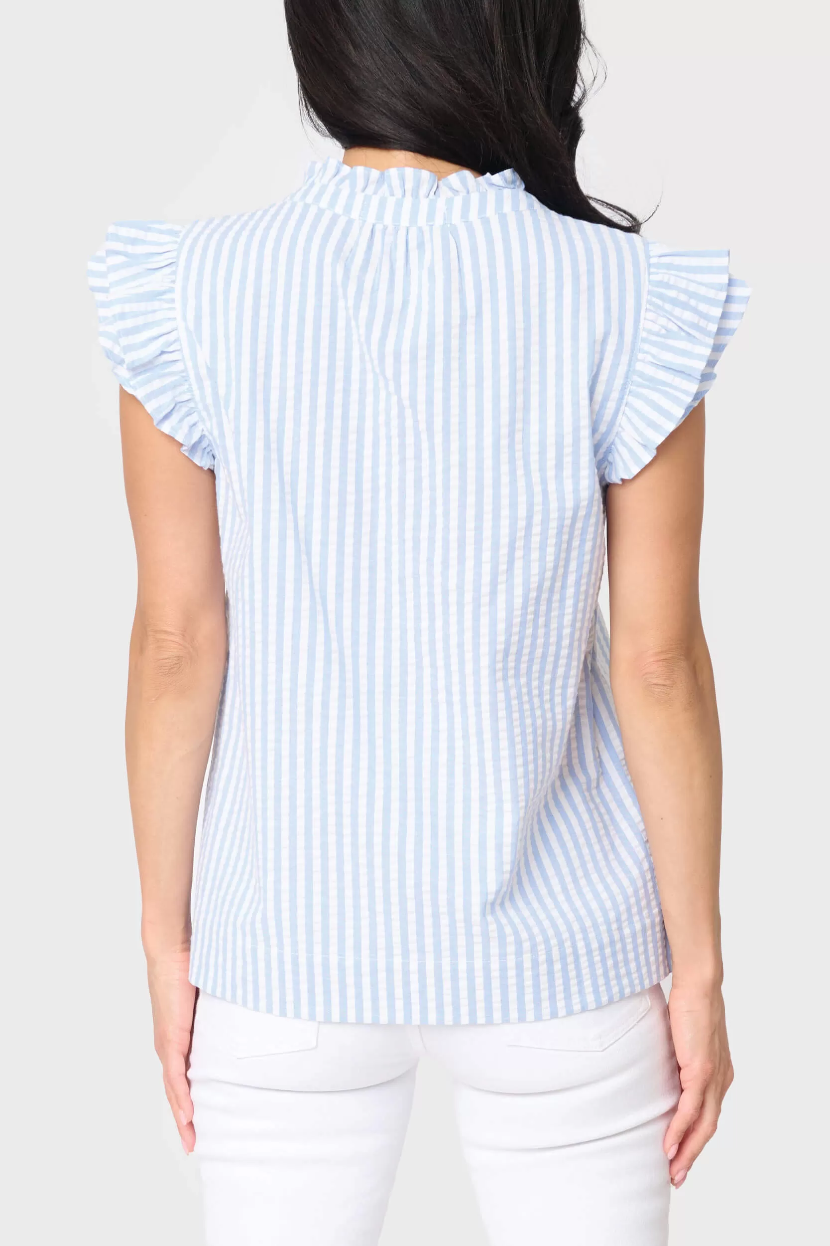 Double Flutter Sleeve Seersucker Stripe Top