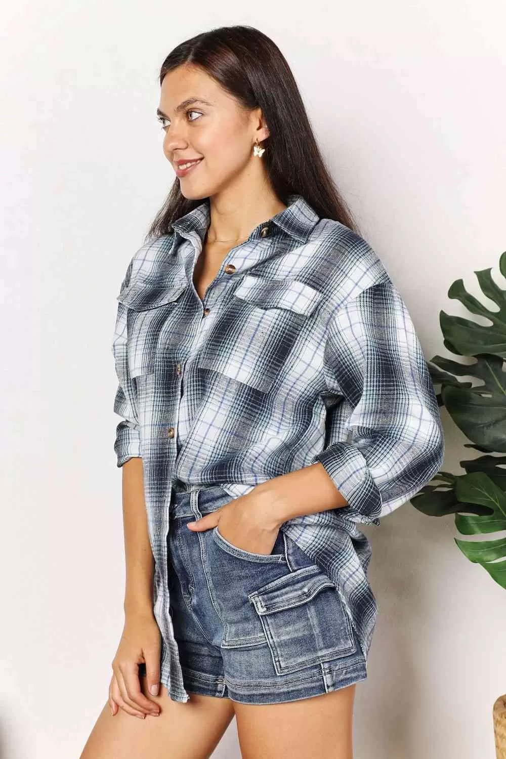 Double Take Plaid Dropped Shoulder Shirt