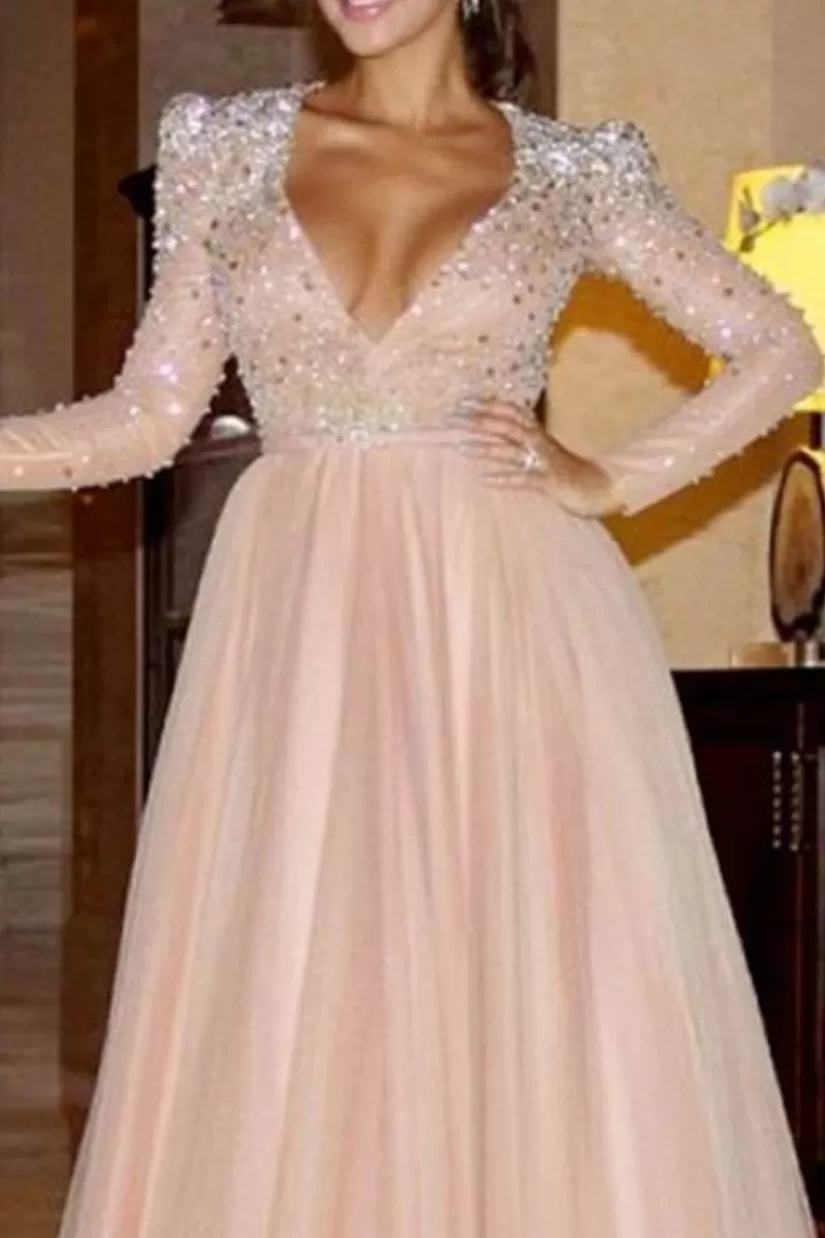 Elegant A Line Long Sleeve Deep V Neck Pink Beads Tulle Long Prom Dresses