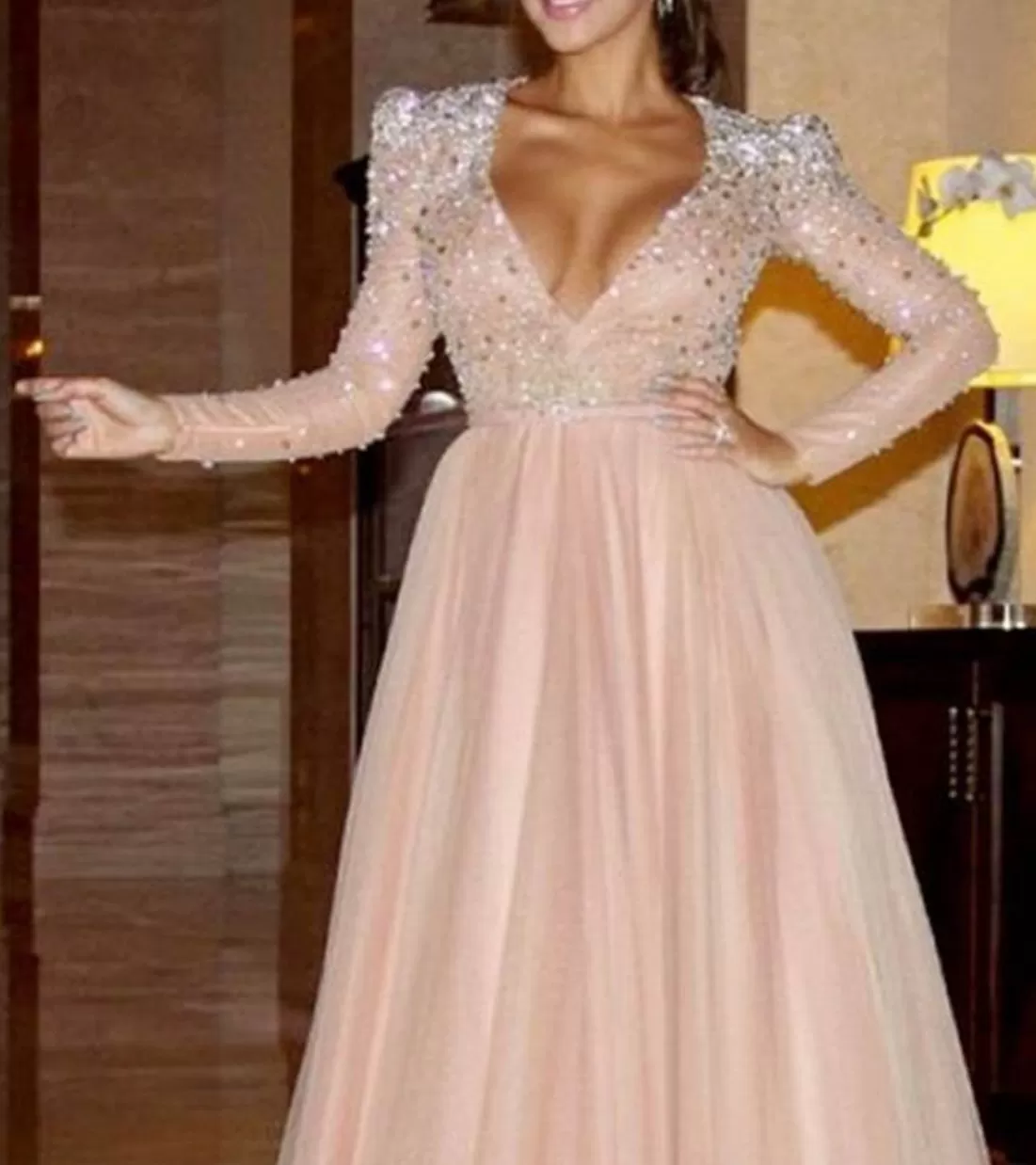 Elegant A Line Long Sleeve Deep V Neck Pink Beads Tulle Long Prom Dresses