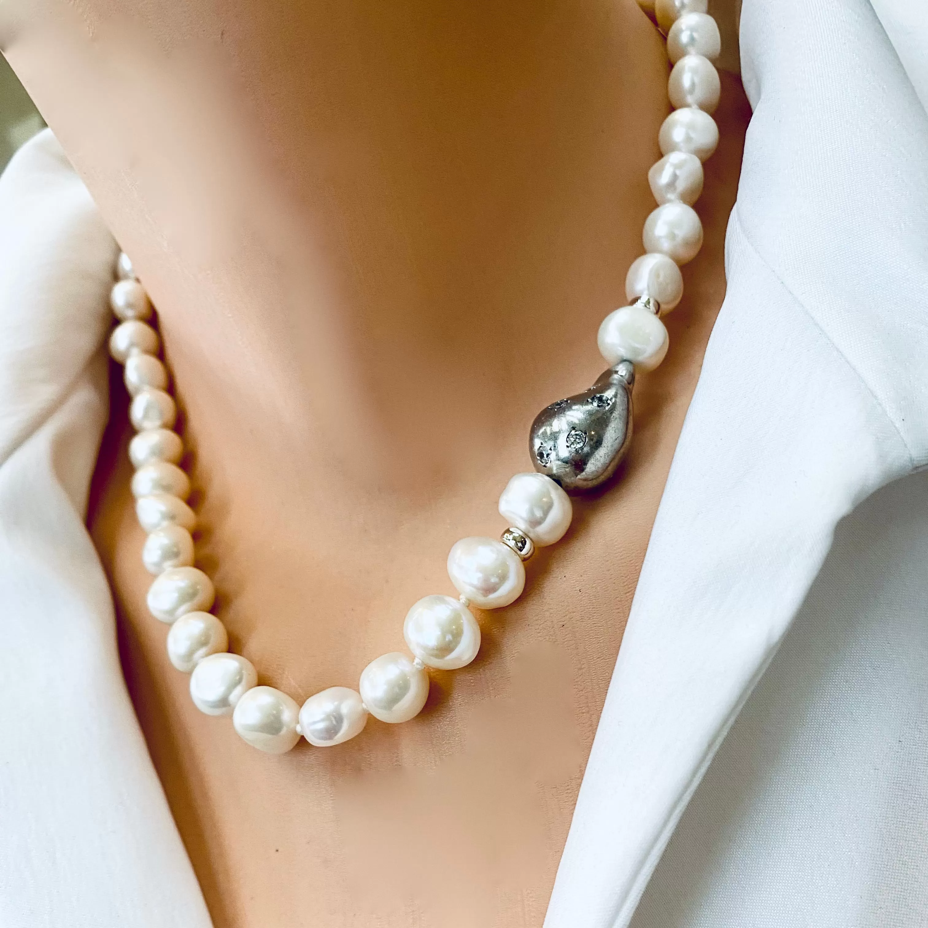 Elegant Hand-Knotted White Pearl Bridal Necklace with Sterling Silver Baroque Detail, 18inches