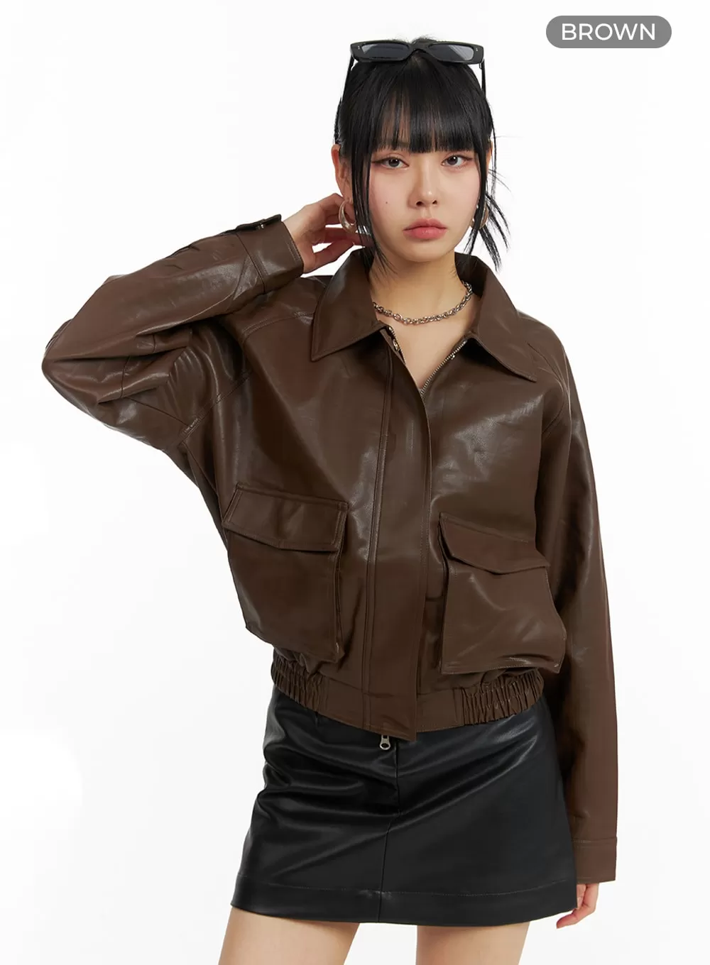 Faux Leather Collar Pocket Bomber Jacket IM414