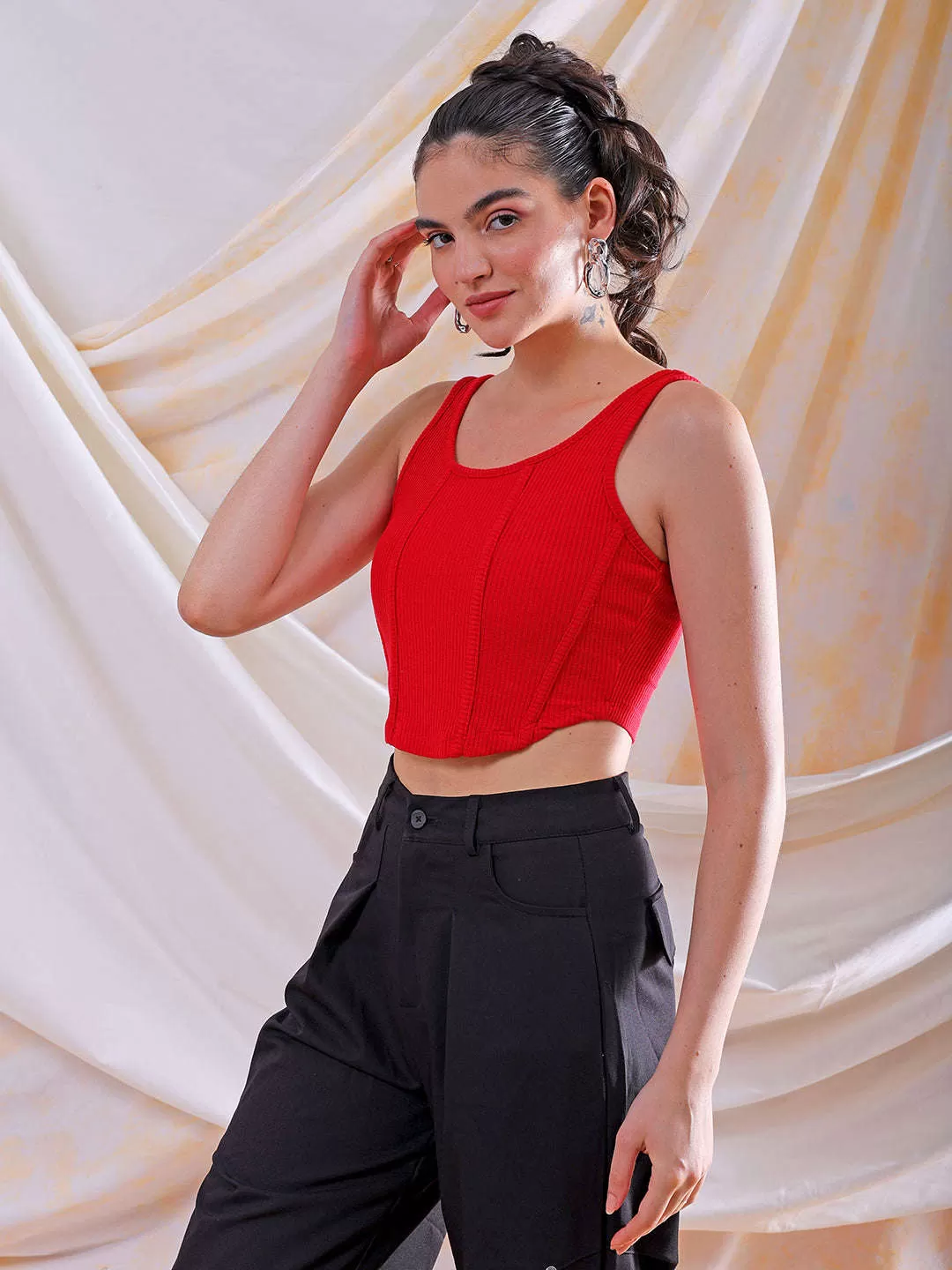 Freehand Women Red Fitted Solid Square Neck Crop Top