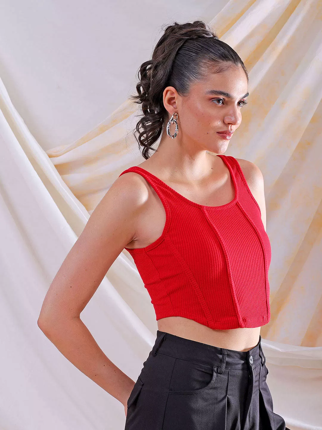 Freehand Women Red Fitted Solid Square Neck Crop Top