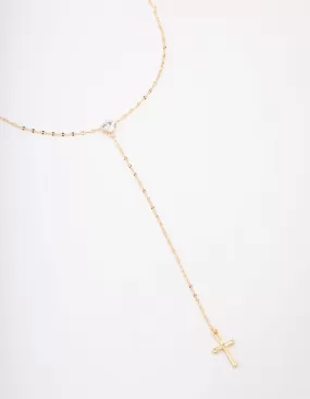 Gold Plated Cubic Zirconia Cross Lariat Necklace