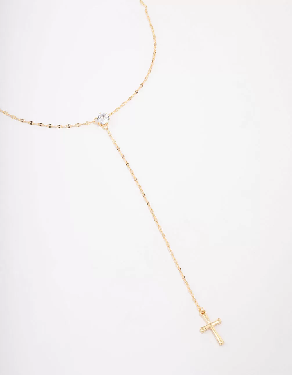 Gold Plated Cubic Zirconia Cross Lariat Necklace