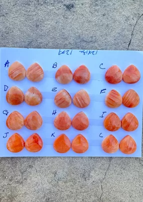 High Quality Orange Spiny Oyster 12x13mm Teardrop Shaped Cabochons Pairs  (One Pair)