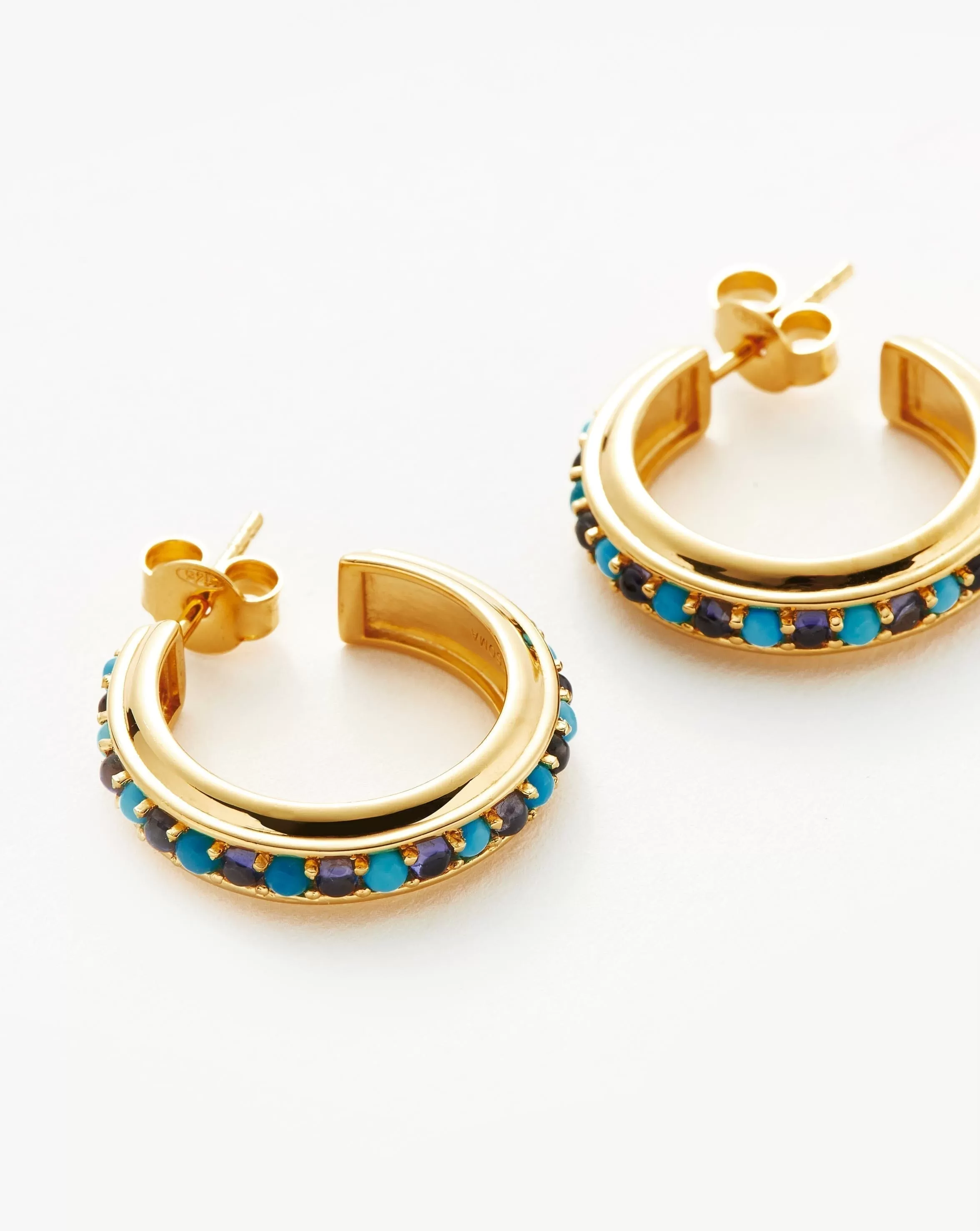 Hot Rox Gemstone Medium Hoop Earrings | 18ct Gold Plated Vermeil/Turquoise & Iolite