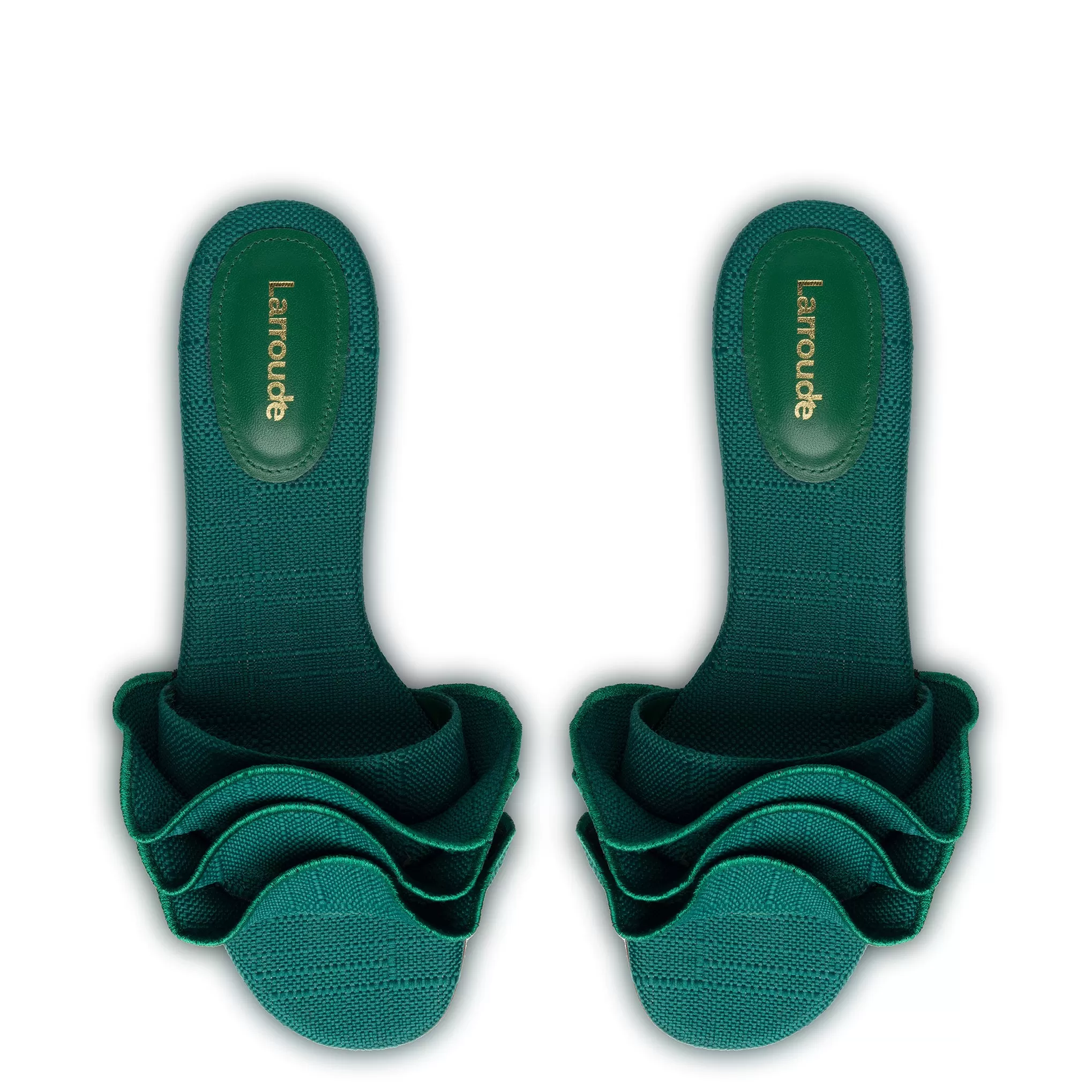 Ivy Ruffle Flat Mule In Emerald Raffia