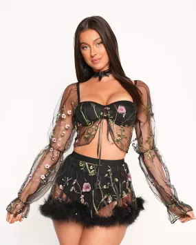 Lace Flowerfields Mesh Long Sleeve Crop Top