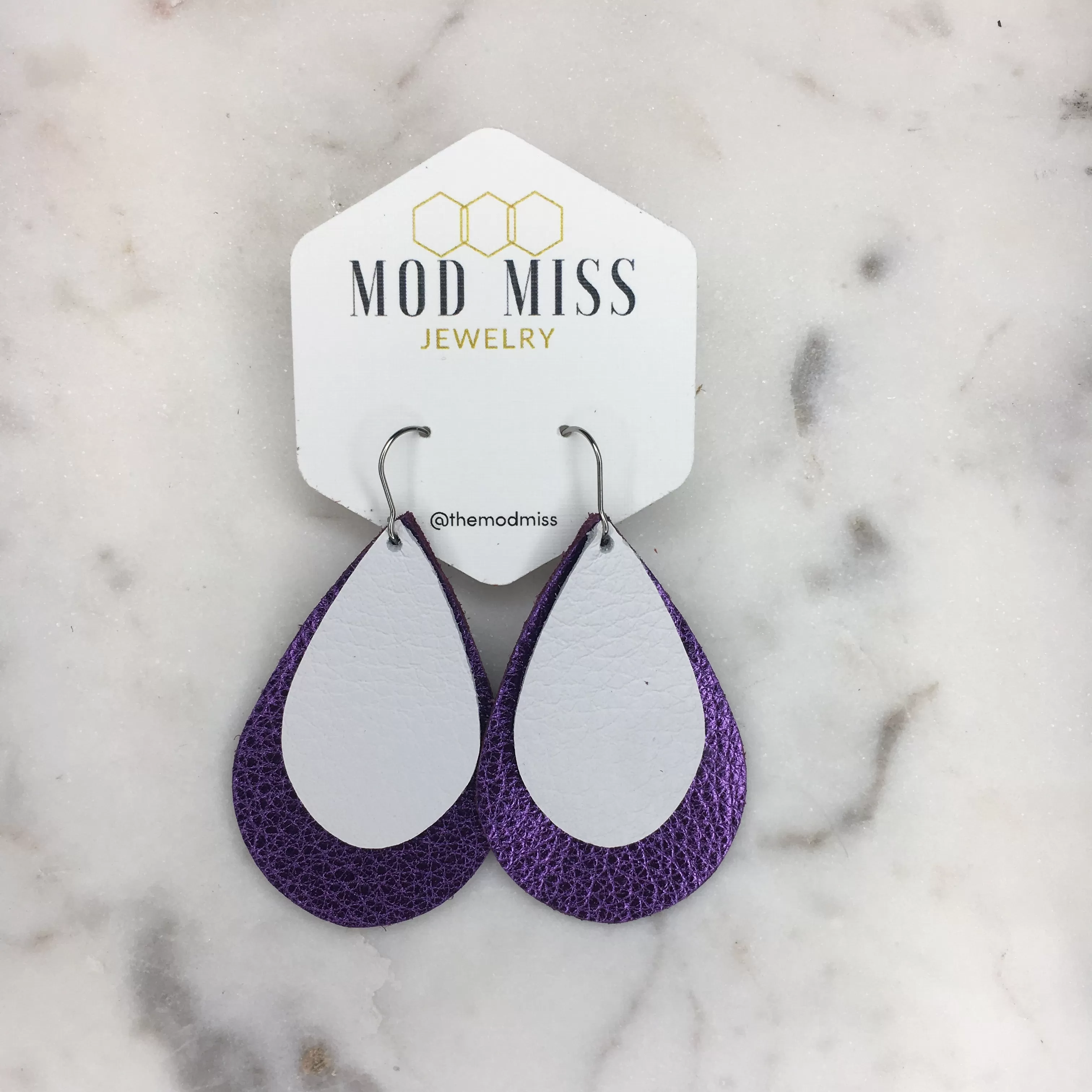 Leather Stacked Teardrop Earring Metallic Purple   White