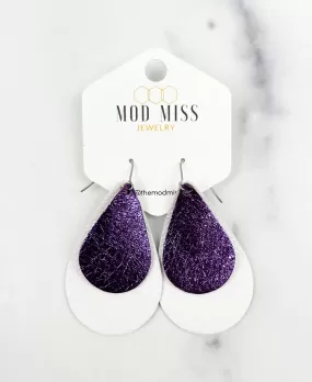 Leather Stacked Teardrop Earring Metallic Purple   White