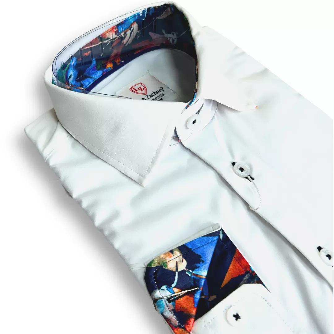 Leo & Zachary Boys White/Navy Stitch Non-Iron Dress Shirt_5518