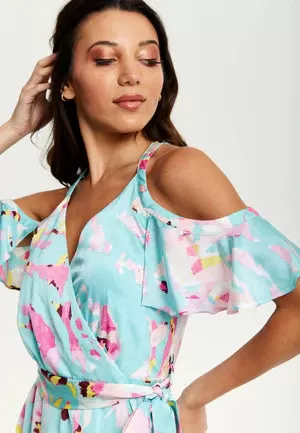 Liquorish Blue Abstract Print Cold Shoulder Midi Wrap Dress