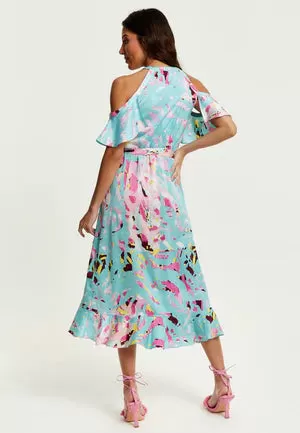 Liquorish Blue Abstract Print Cold Shoulder Midi Wrap Dress