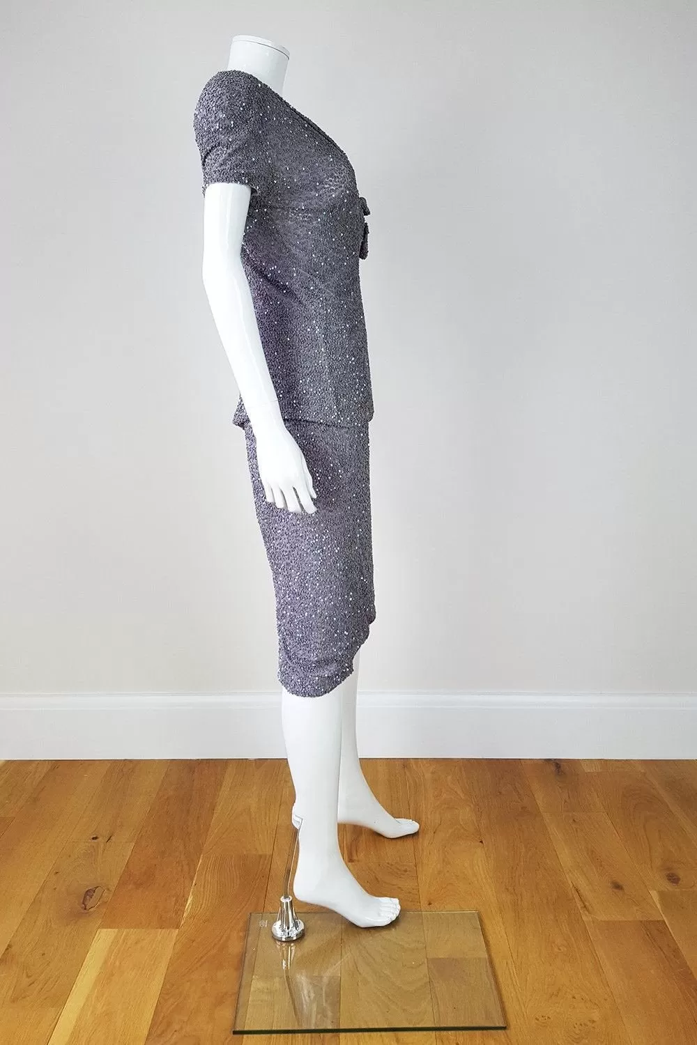 MANISH ARORA Grey Sequin Embellished Silk Vintage Style Skirt Set (S)