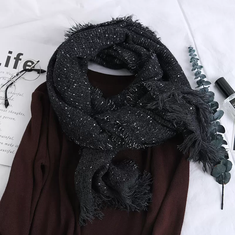 Men Women Winter Cashmere-Like Starry Dots Fringe Whisker Knit Couples Scarf Trend Solid Color Shawl