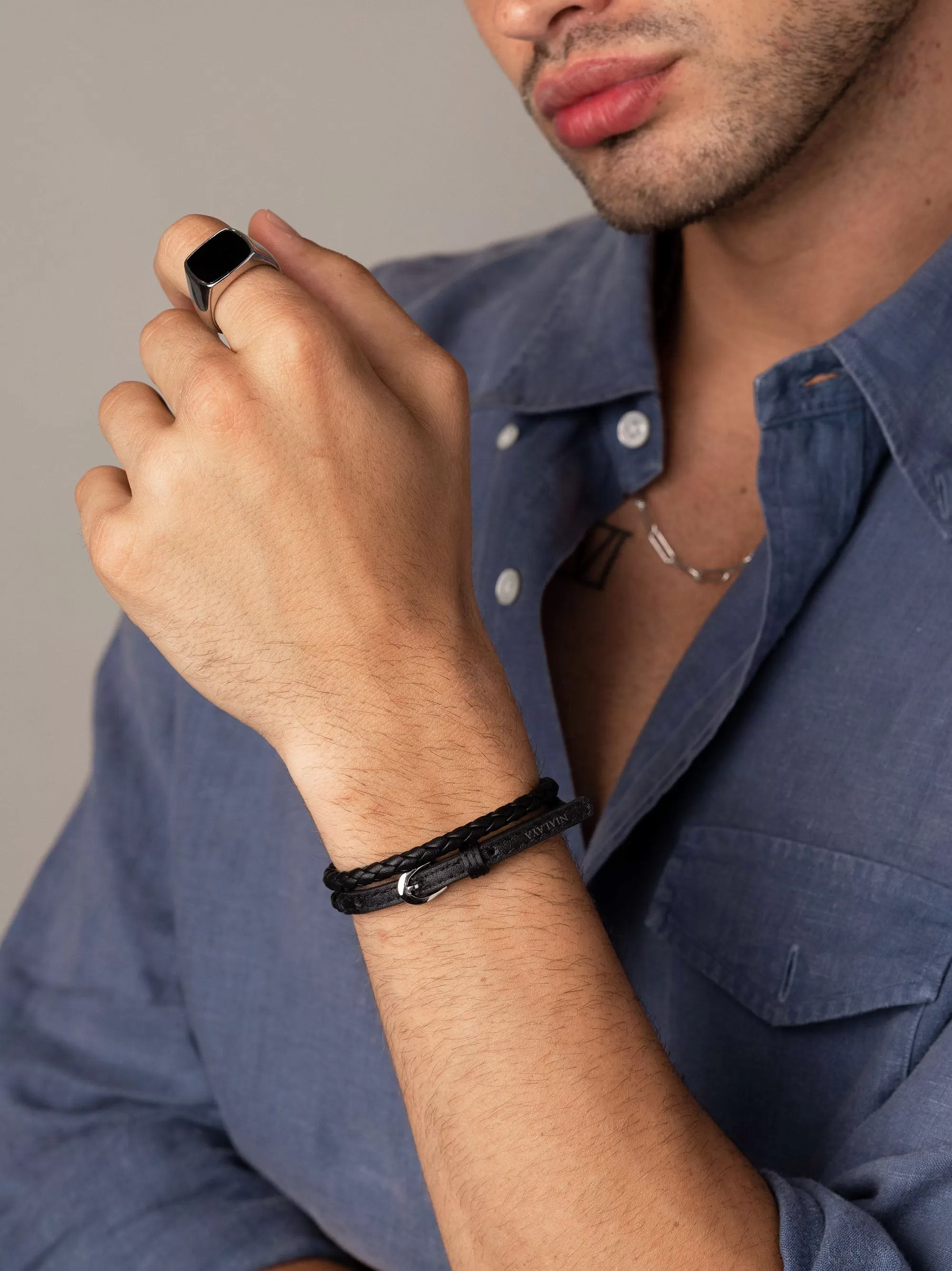 Men's Black Wrap Around Leather Bracelet with Buckle Closure